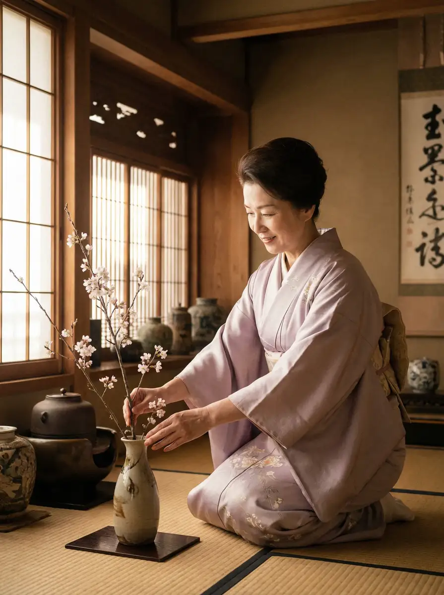 一位优雅的 必发集团平台 在和室中插花